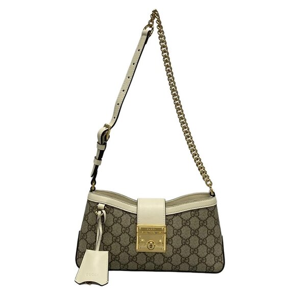 Auth GUCCI Padlock/GG Supreme 811705 Beige White PVC Leather Shoulder Bag - Picture 1 of 16